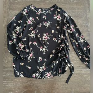 Halogen M floral long sleeve side tie blouse black
